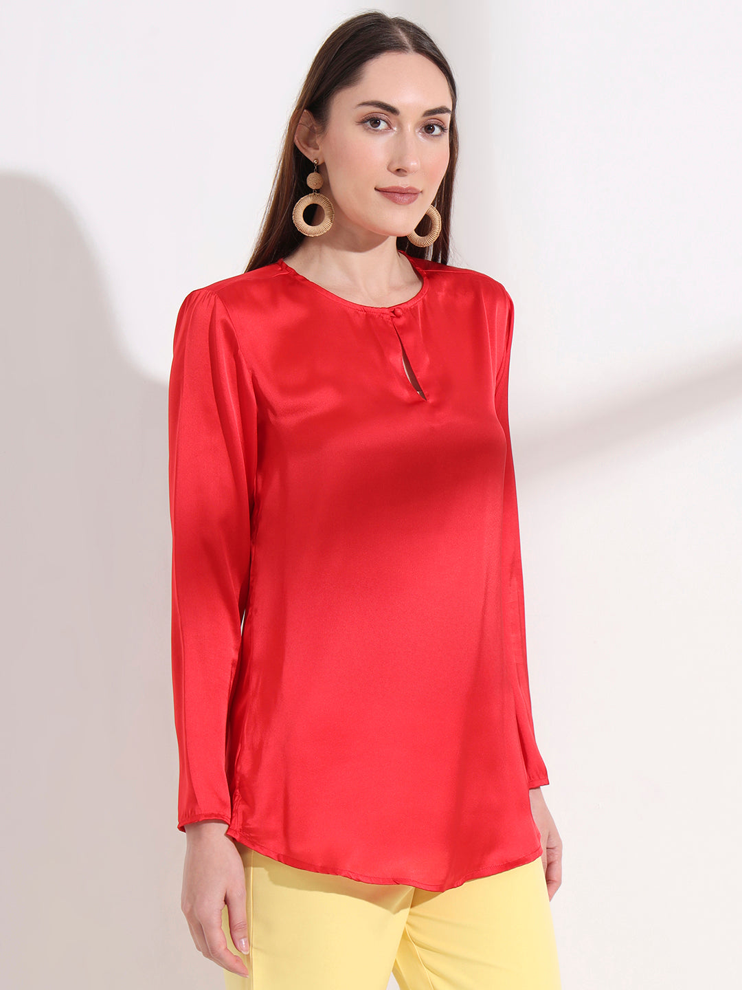Summer Satin Red Mandarin Collar Button Tunic