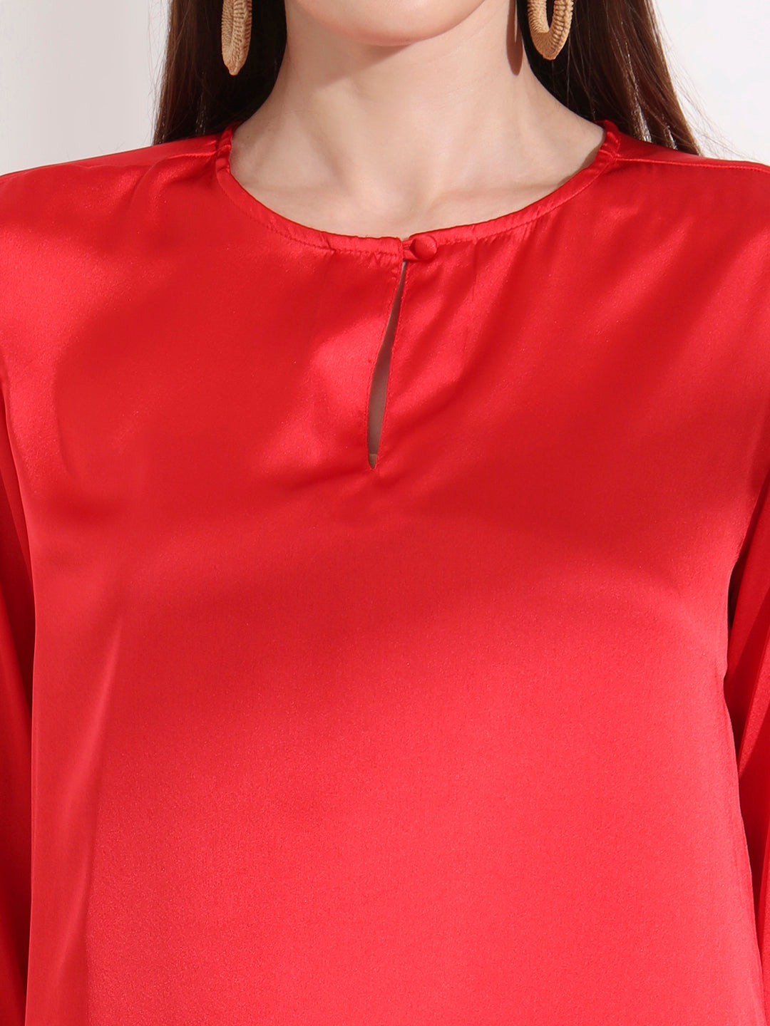 Summer Satin Red Mandarin Collar Button Tunic
