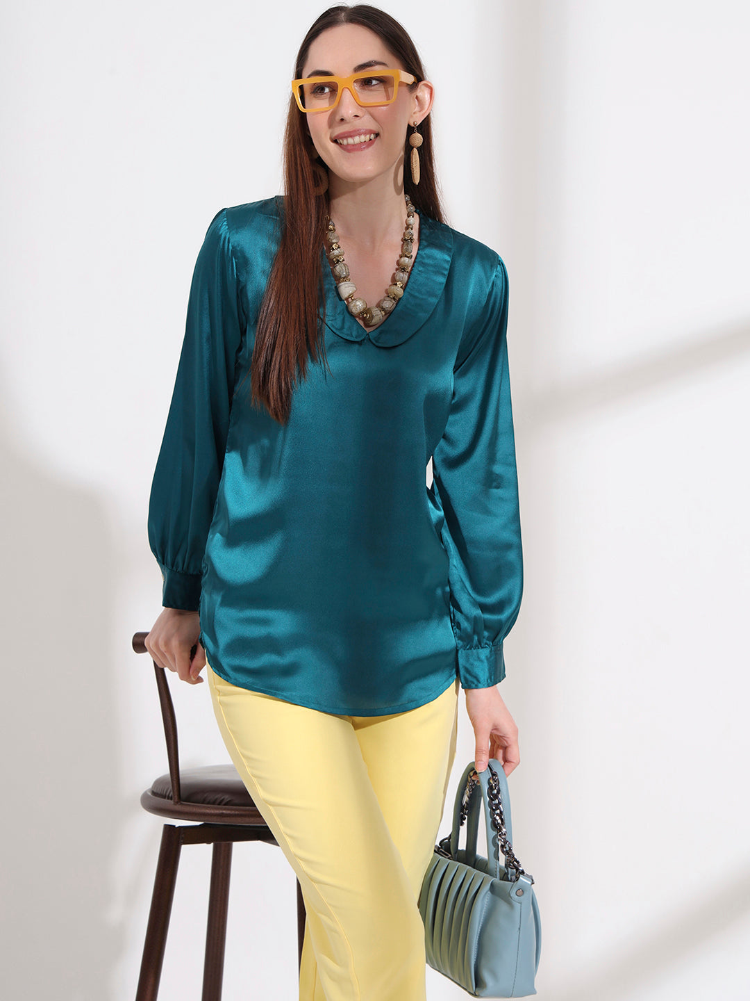 Summer Satin Peacock Peter Pan Collar Top