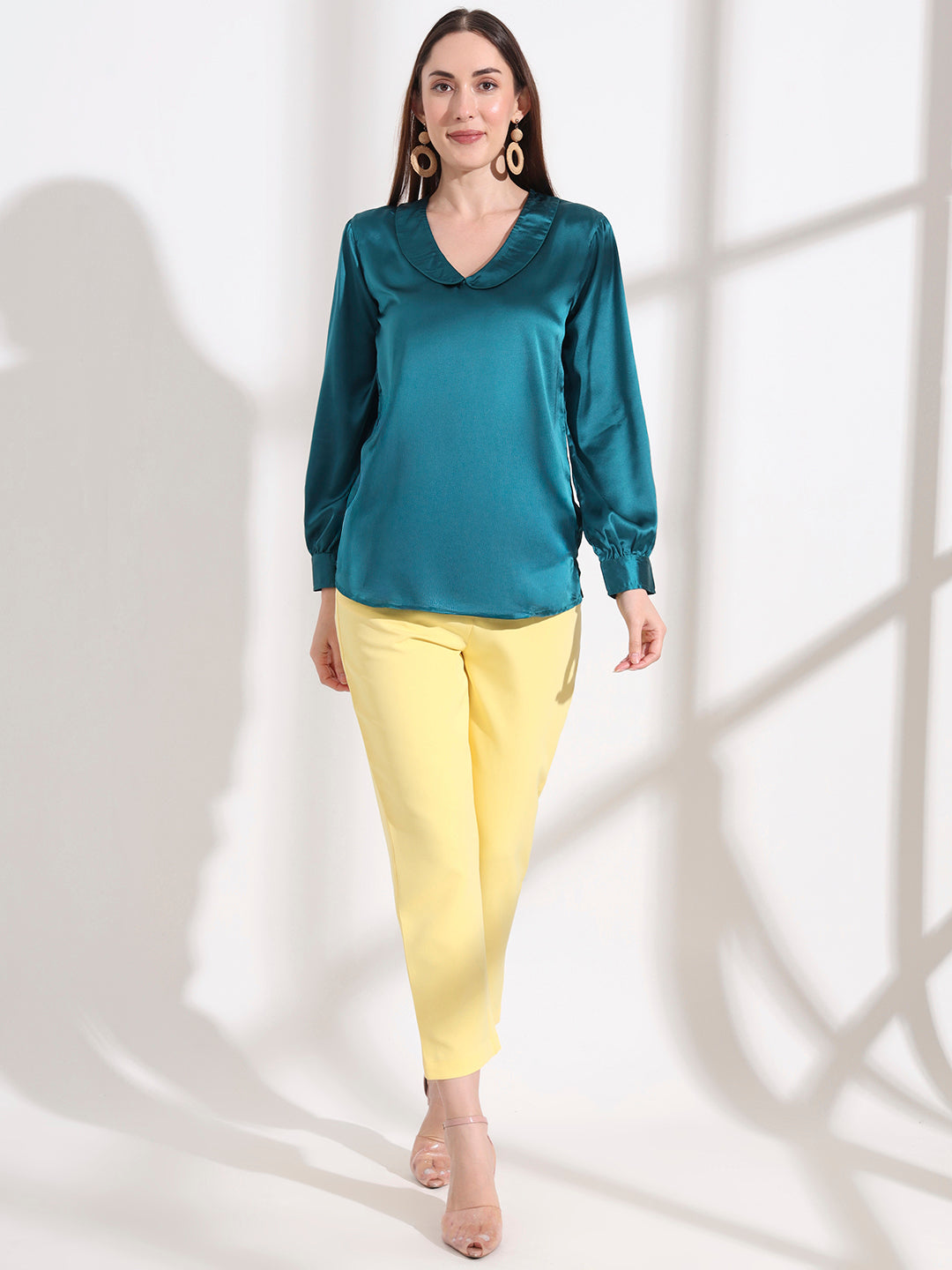 Summer Satin Peacock Peter Pan Collar Top