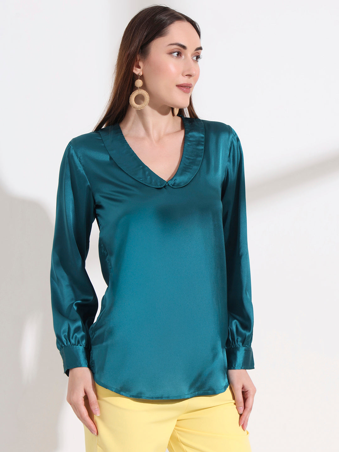 Summer Satin Peacock Peter Pan Collar Top