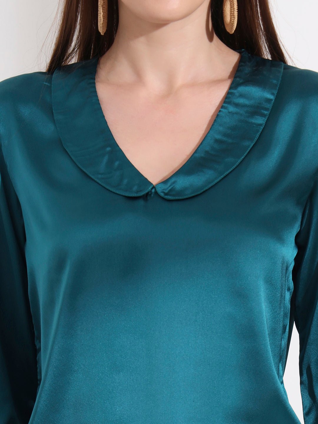 Summer Satin Peacock Peter Pan Collar Top