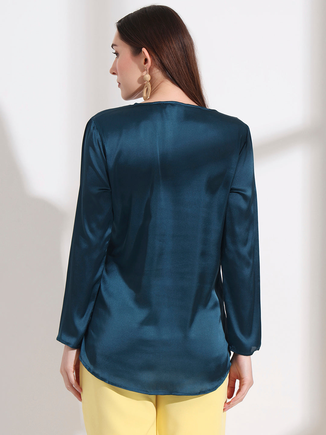Summer Satin Deep Teal Mandarin Collar Button Tunic