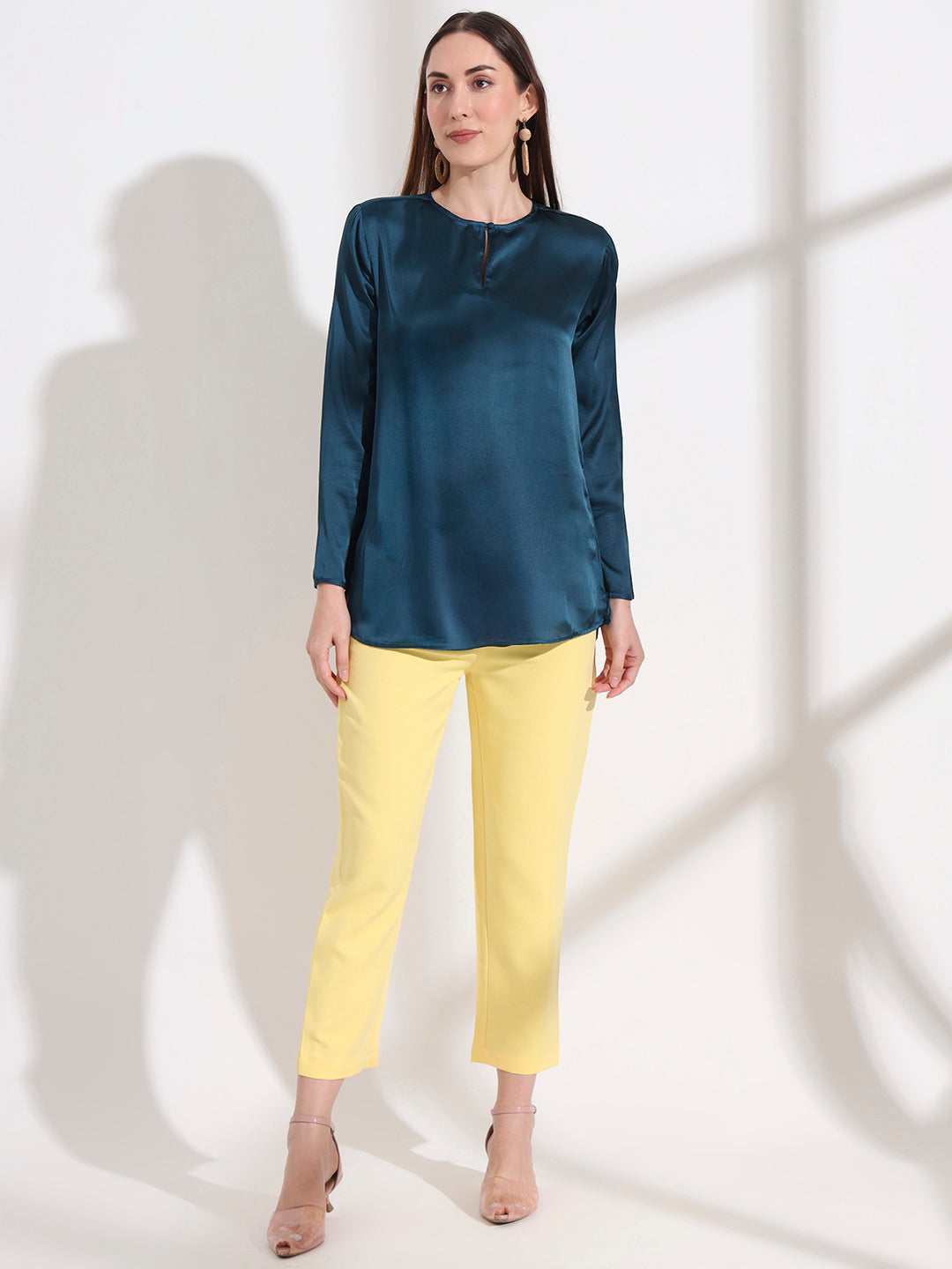 Summer Satin Deep Teal Mandarin Collar Button Tunic