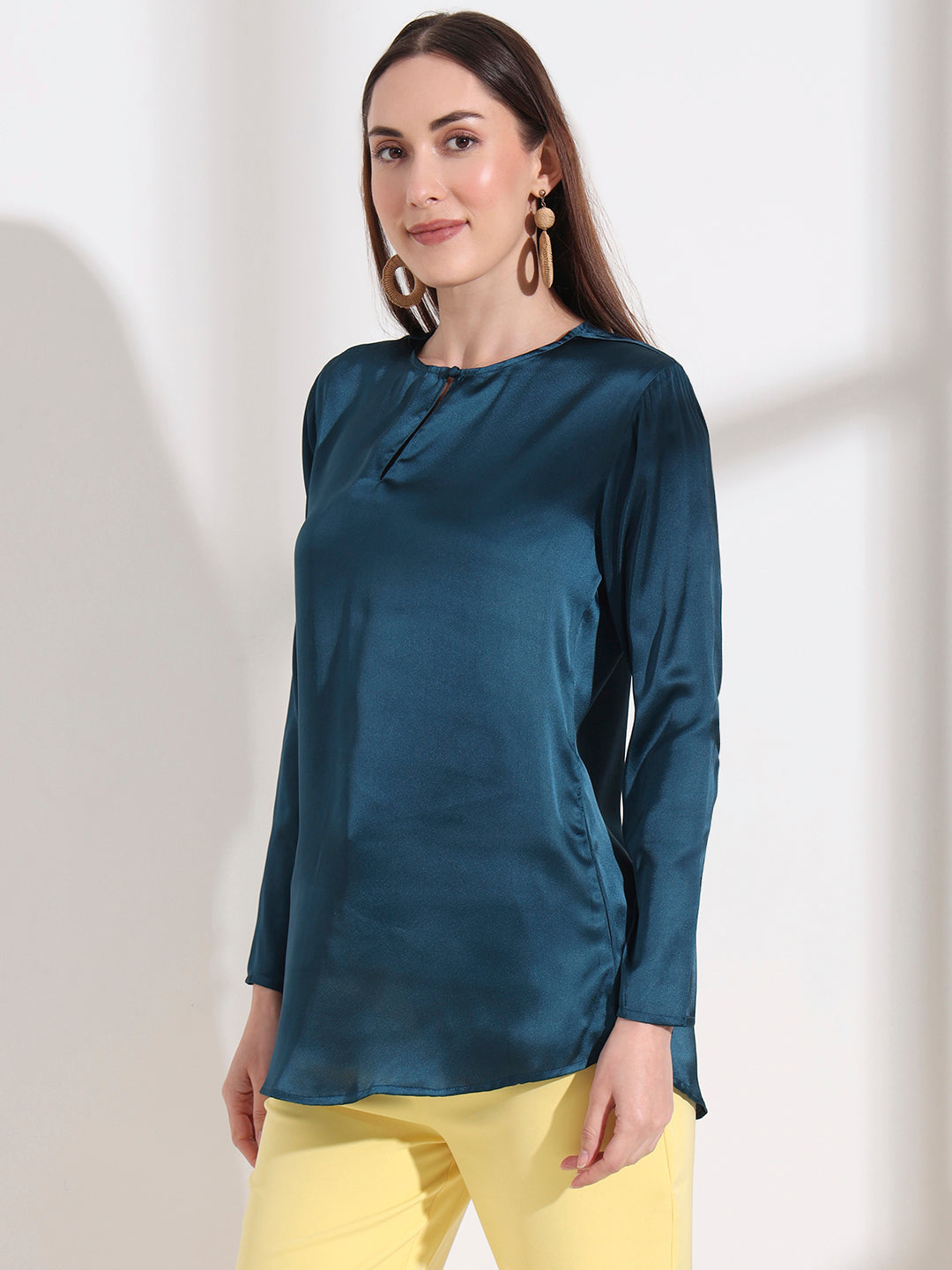 Summer Satin Deep Teal Mandarin Collar Button Tunic