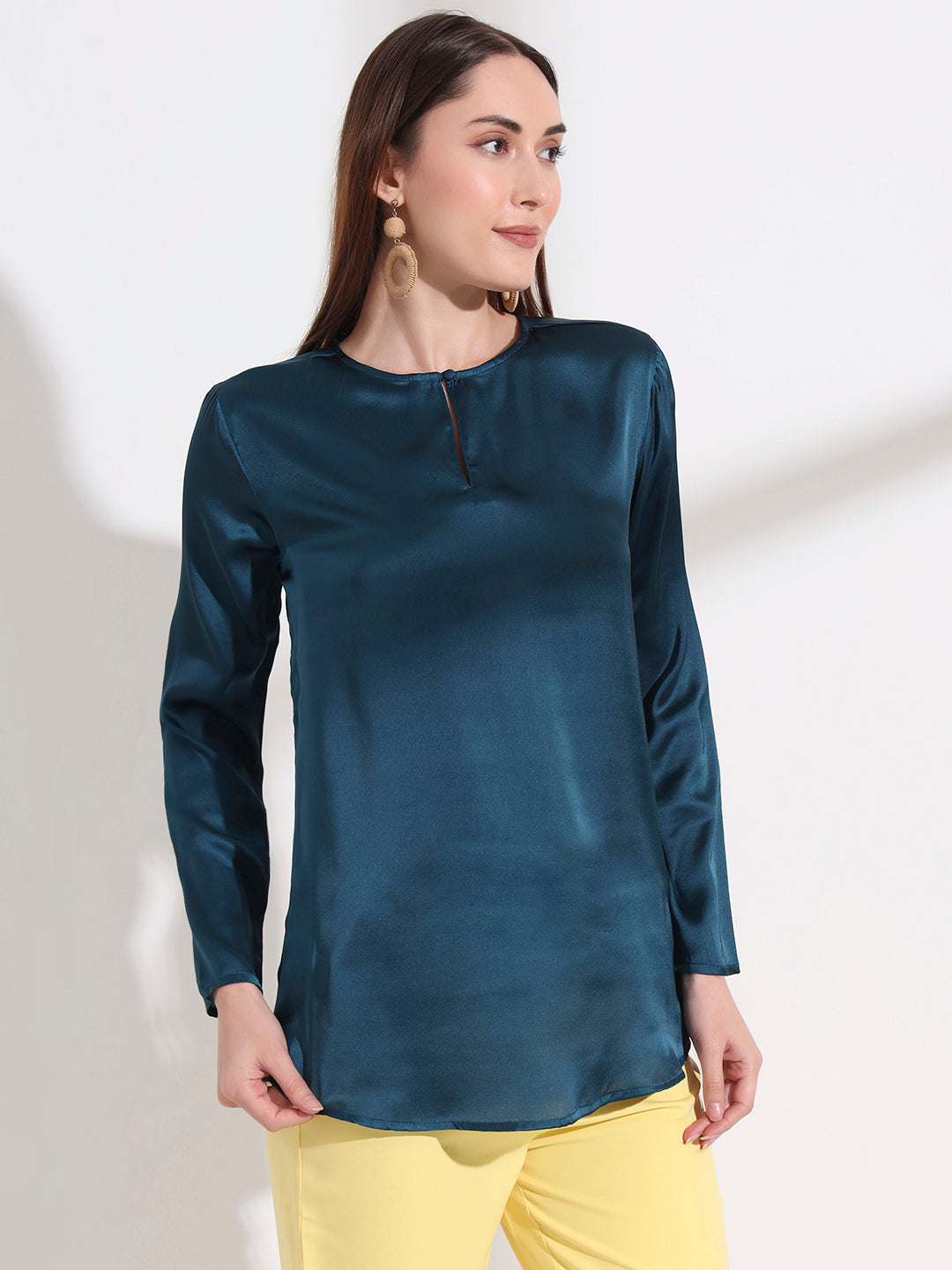 Summer Satin Deep Teal Mandarin Collar Button Tunic