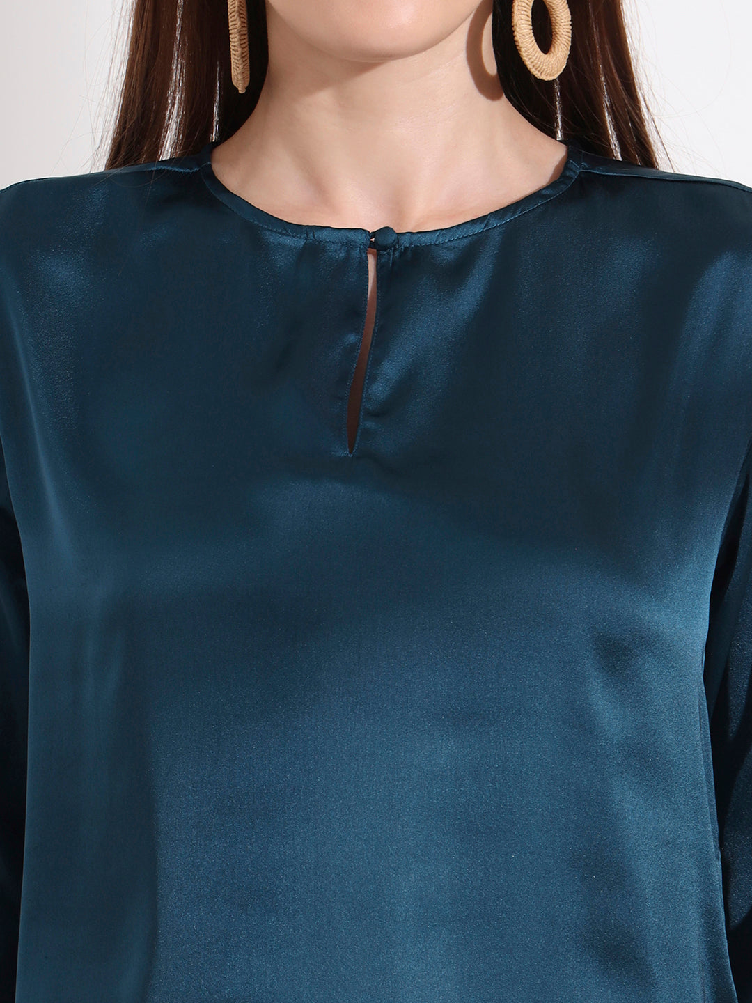 Summer Satin Deep Teal Mandarin Collar Button Tunic