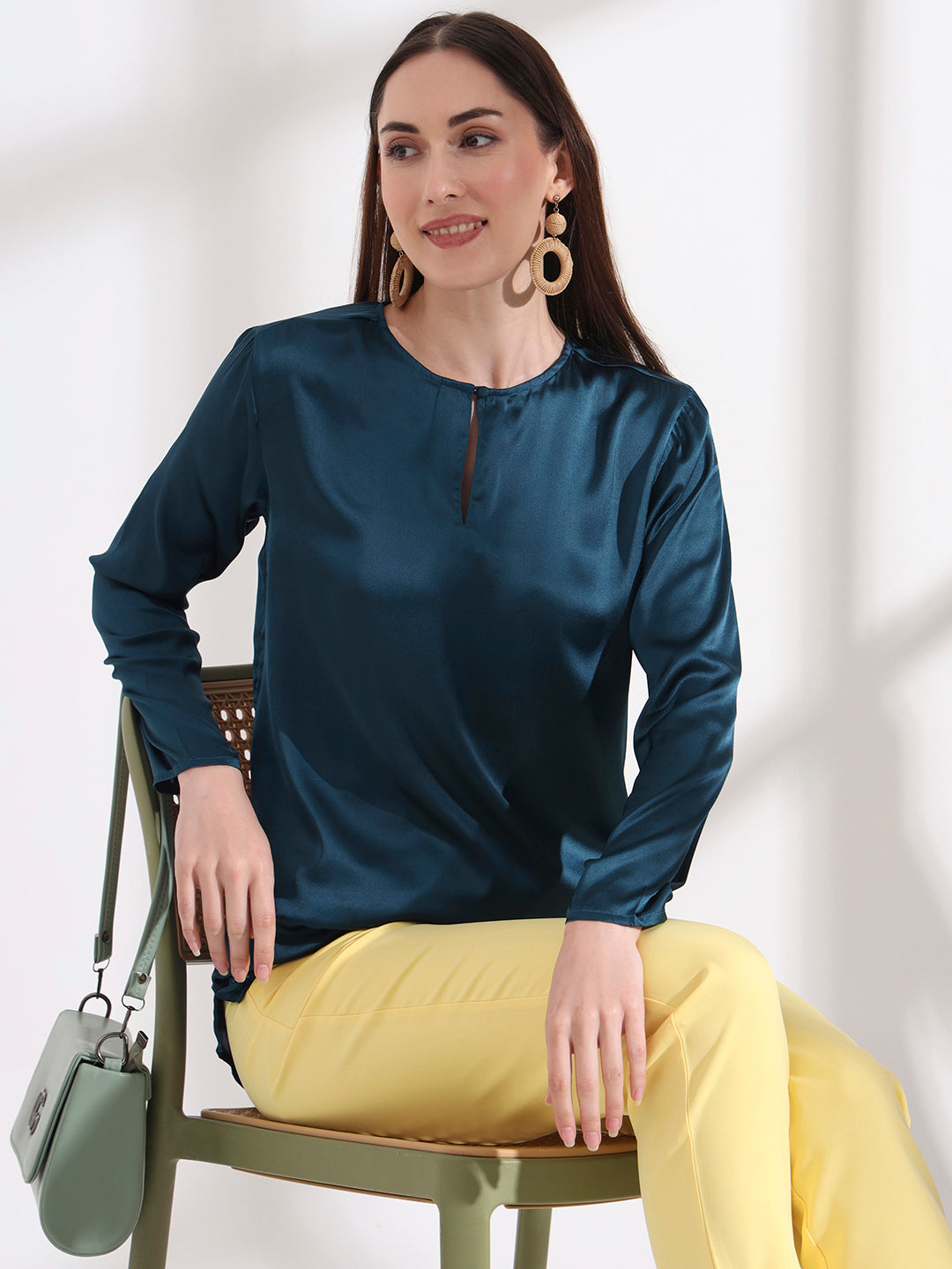 Summer Satin Deep Teal Mandarin Collar Button Tunic