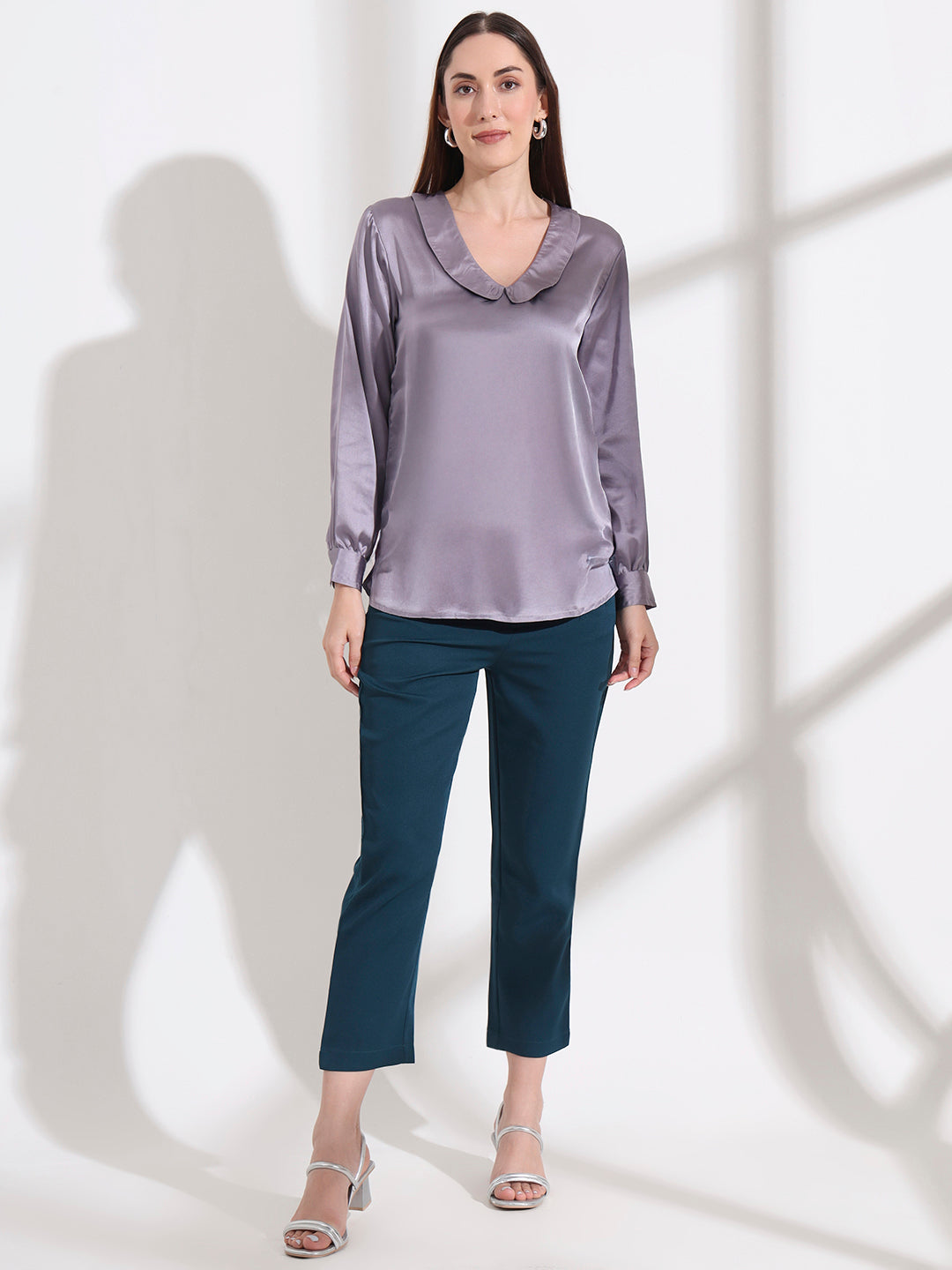 Summer Satin Bluish Grey Peter Pan Collar Top