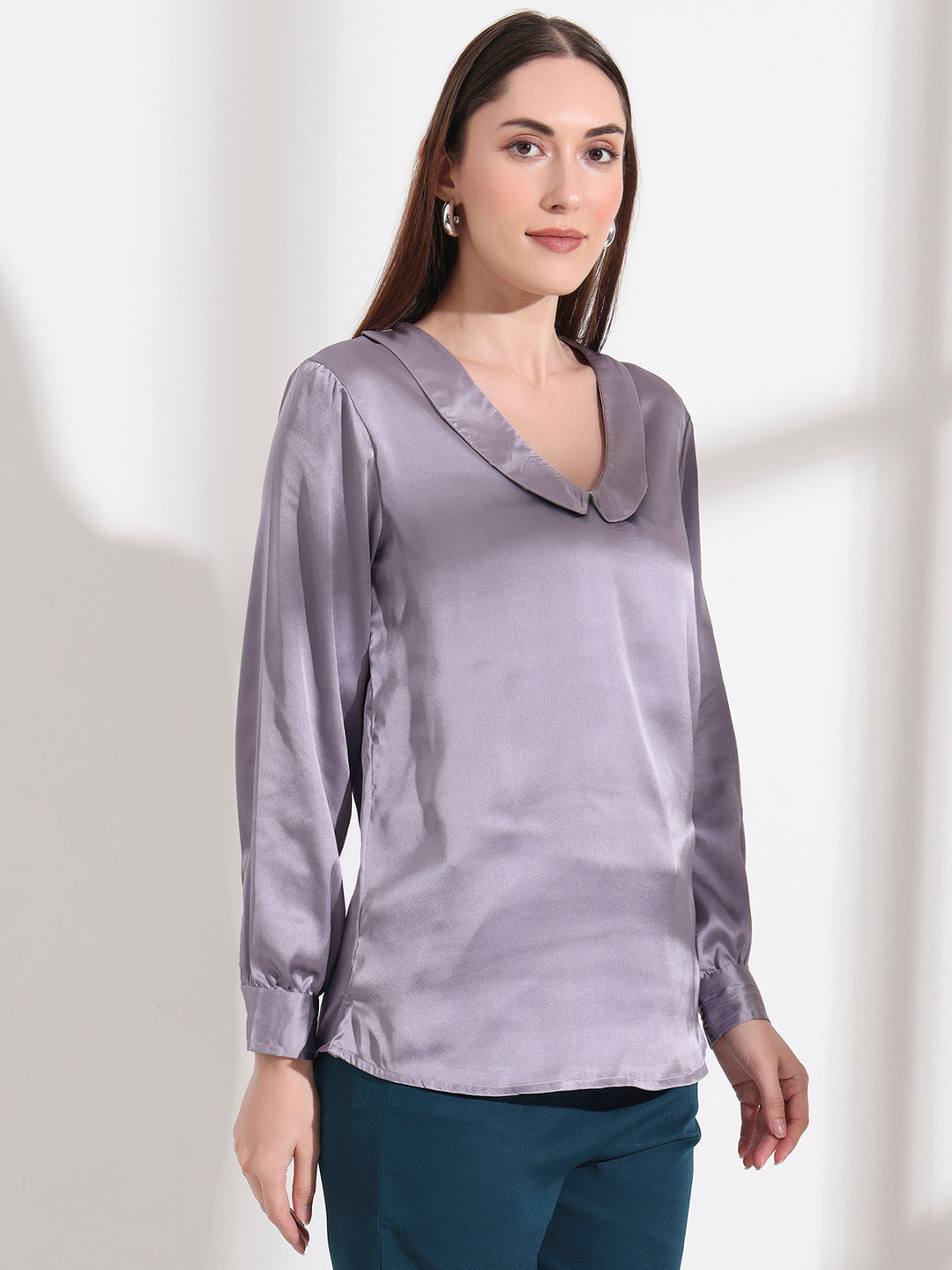 Summer Satin Bluish Grey Peter Pan Collar Top