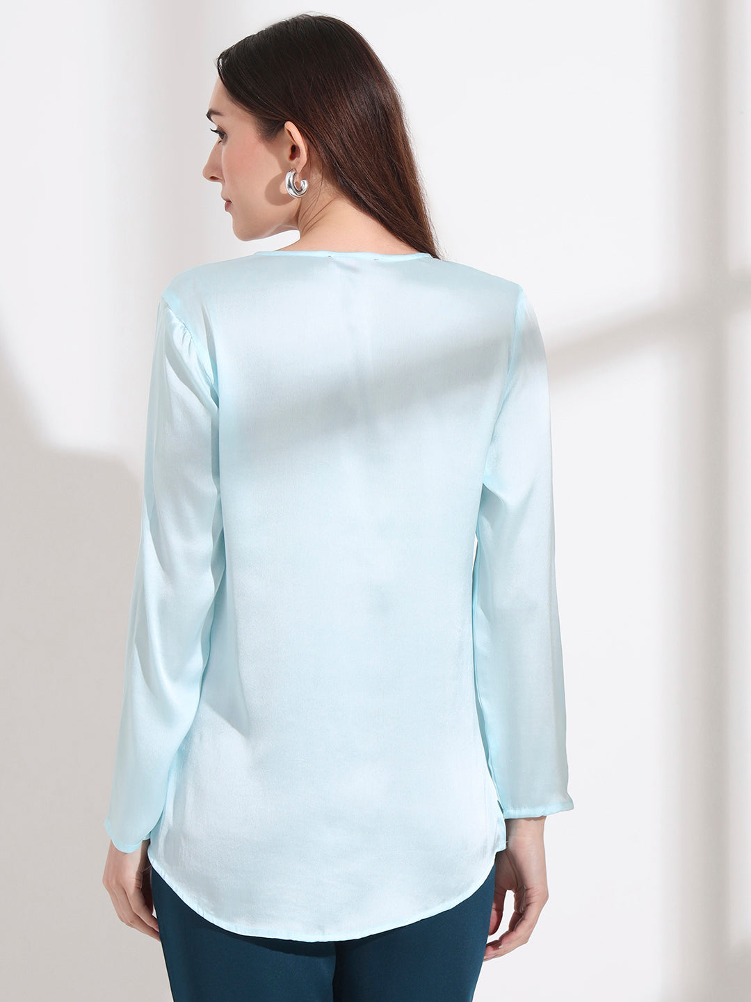 Summer Satin Light Cyan Mandarin Collar Button Tunic