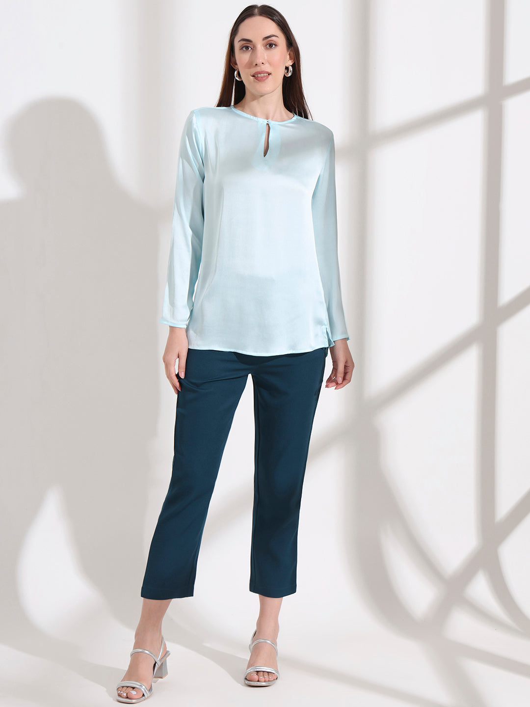 Summer Satin Light Cyan Mandarin Collar Button Tunic