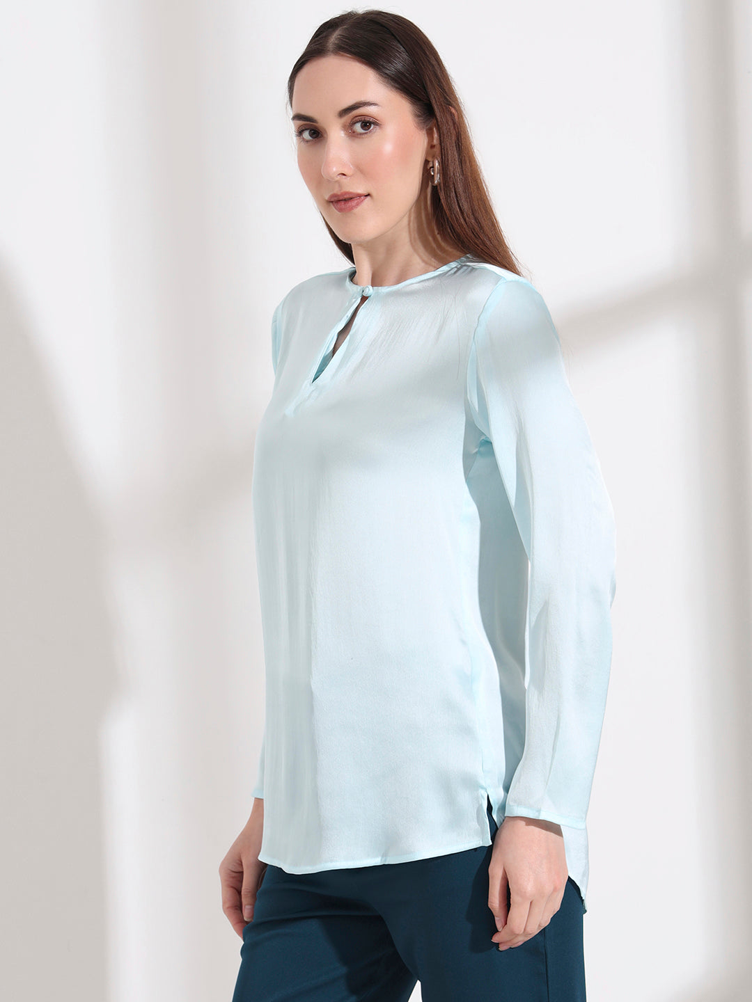 Summer Satin Light Cyan Mandarin Collar Button Tunic