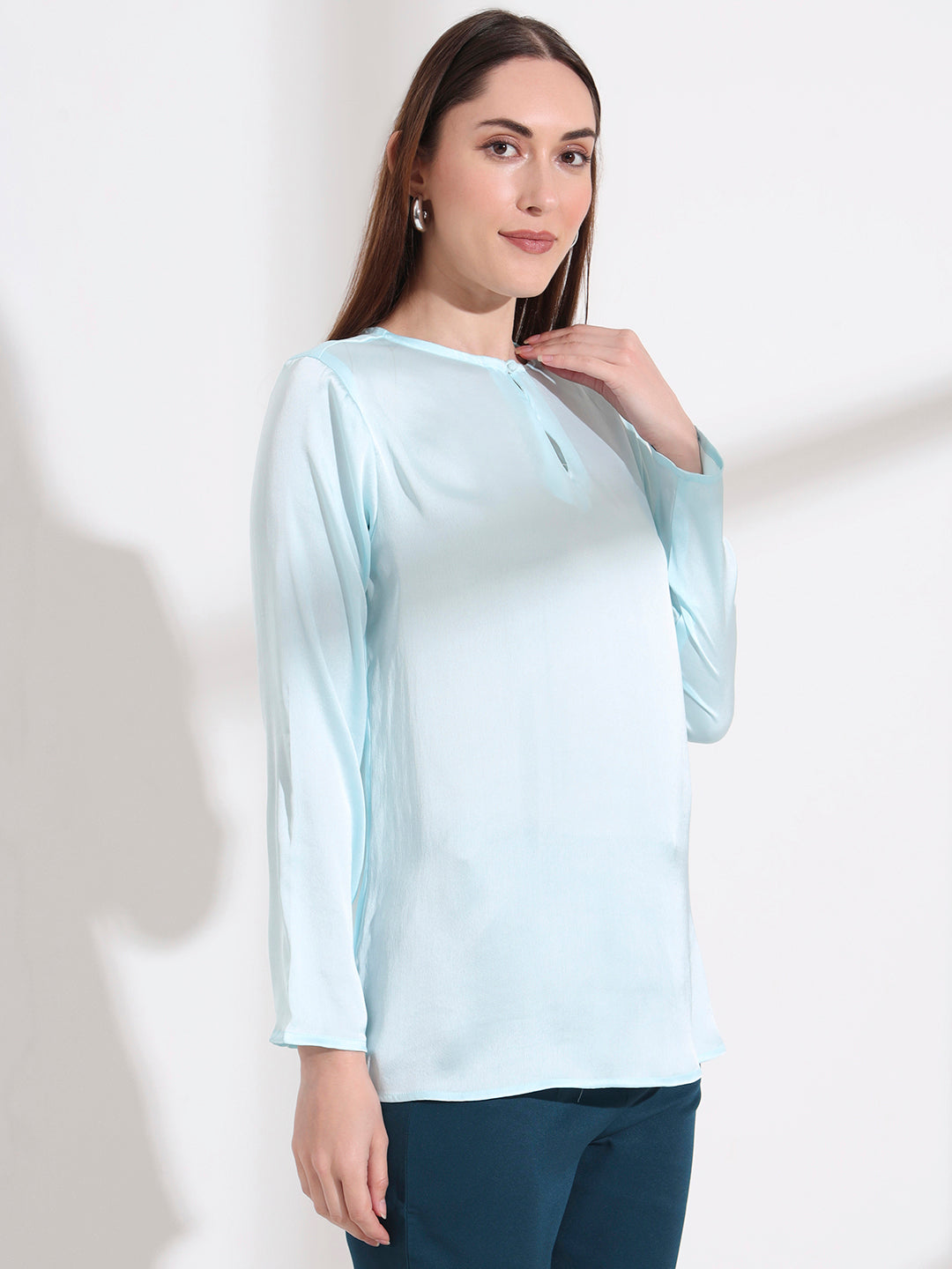Summer Satin Light Cyan Mandarin Collar Button Tunic