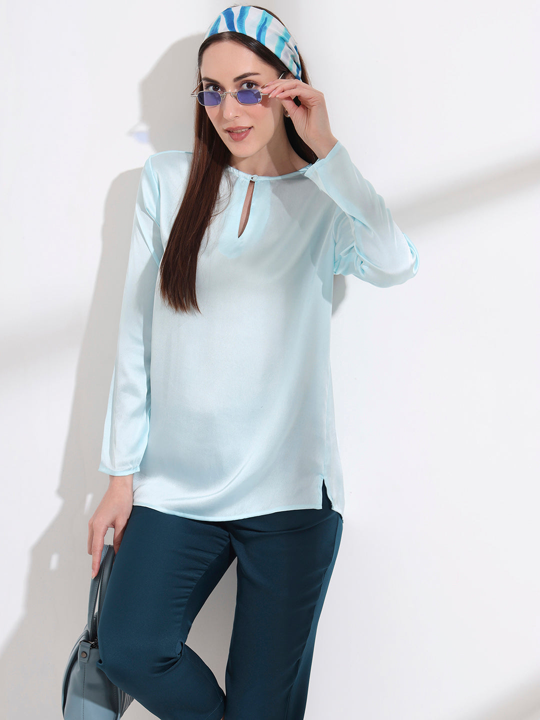 Summer Satin Light Cyan Mandarin Collar Button Tunic