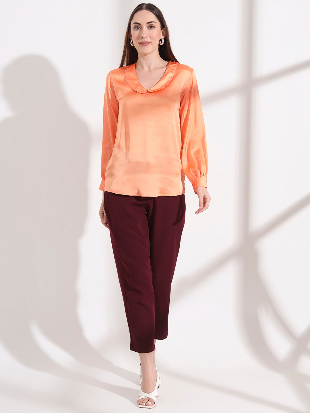 Summer Satin Crimson Orange Peter Pan Collar Top