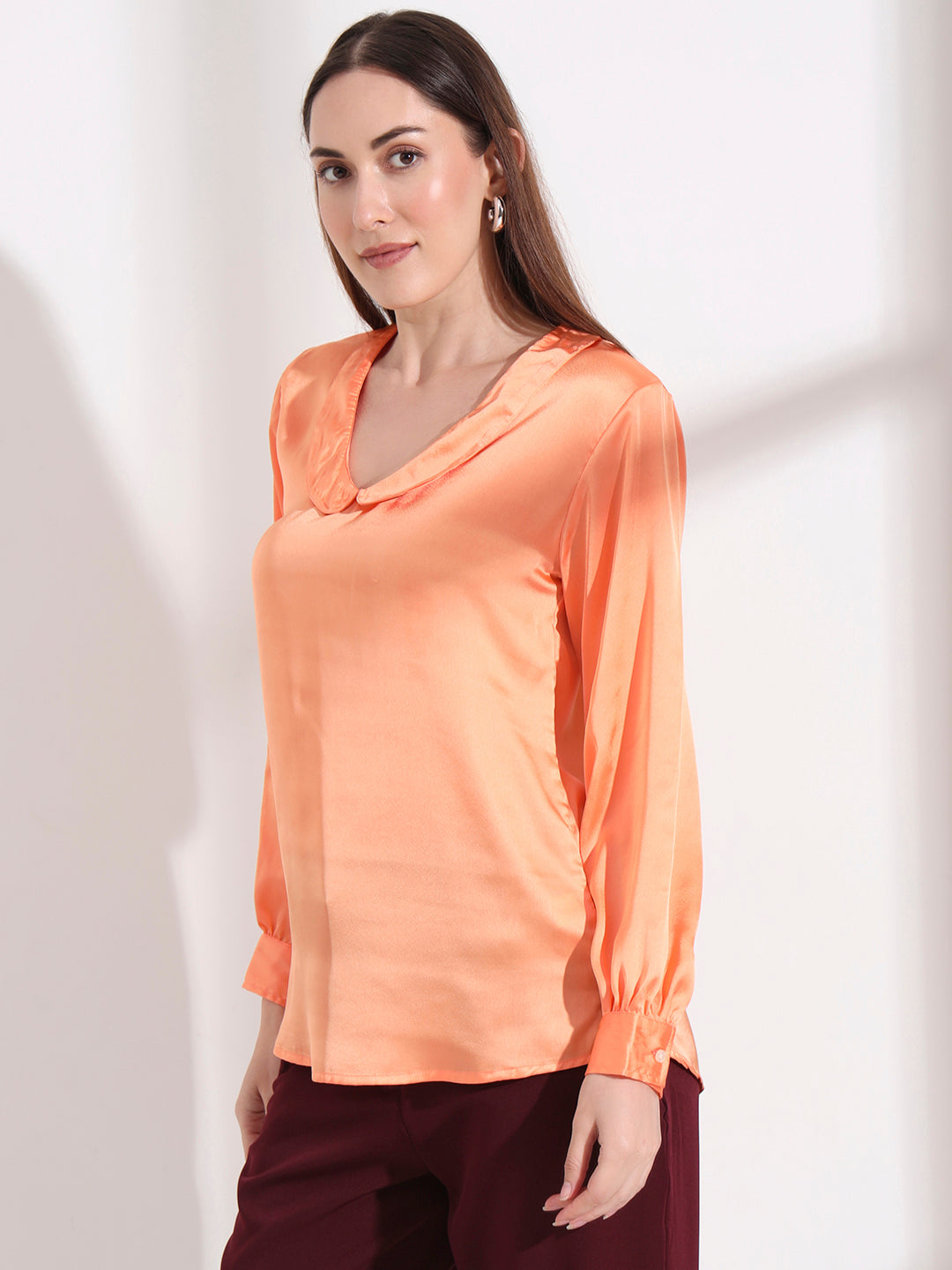 Summer Satin Crimson Orange Peter Pan Collar Top