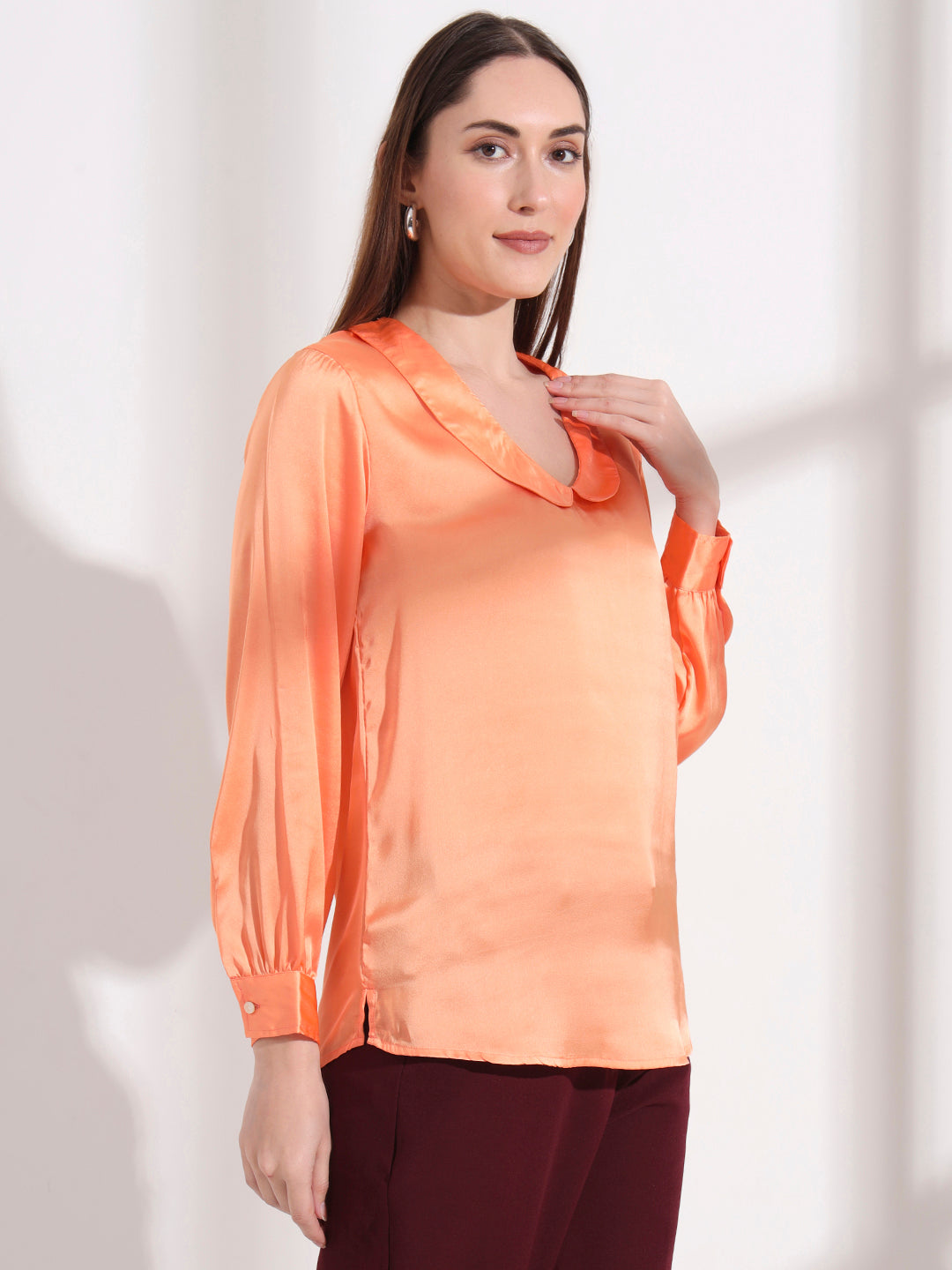 Summer Satin Crimson Orange Peter Pan Collar Top