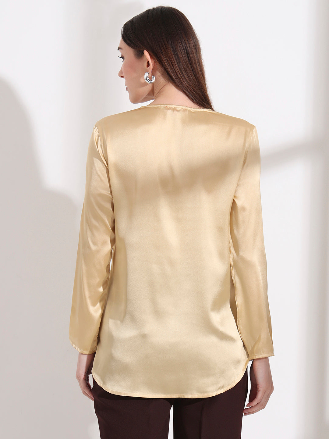Summer Satin Gold Mandarin Collar Button Tunic