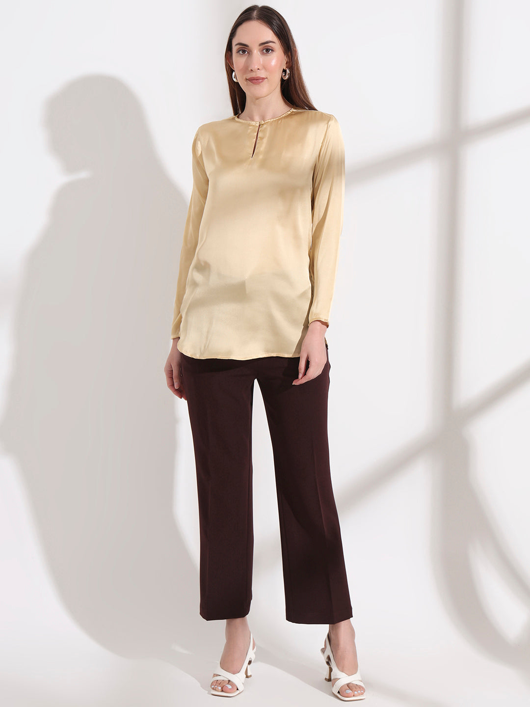 Summer Satin Gold Mandarin Collar Button Tunic