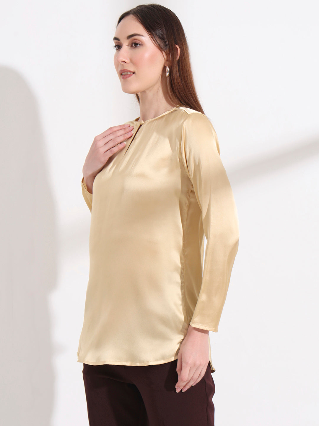 Summer Satin Gold Mandarin Collar Button Tunic