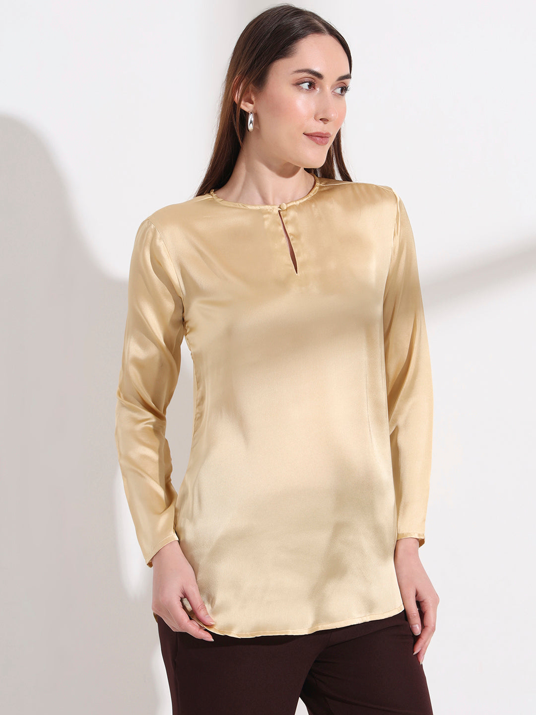 Summer Satin Gold Mandarin Collar Button Tunic