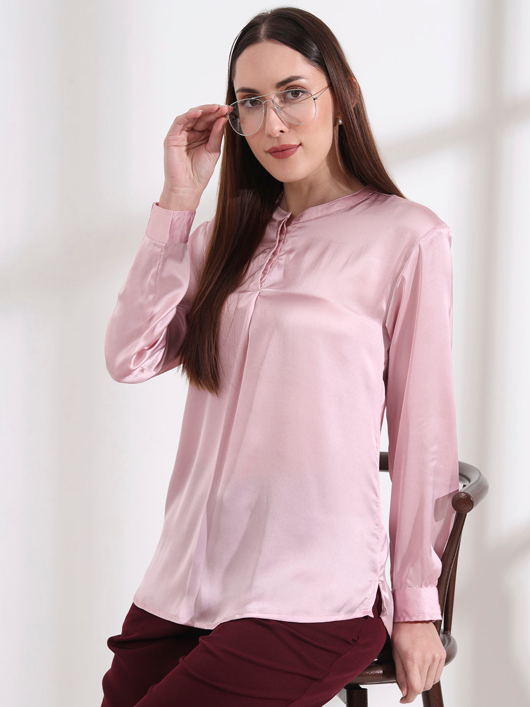 Summer Satin Light Pink Front Pleated Tunic