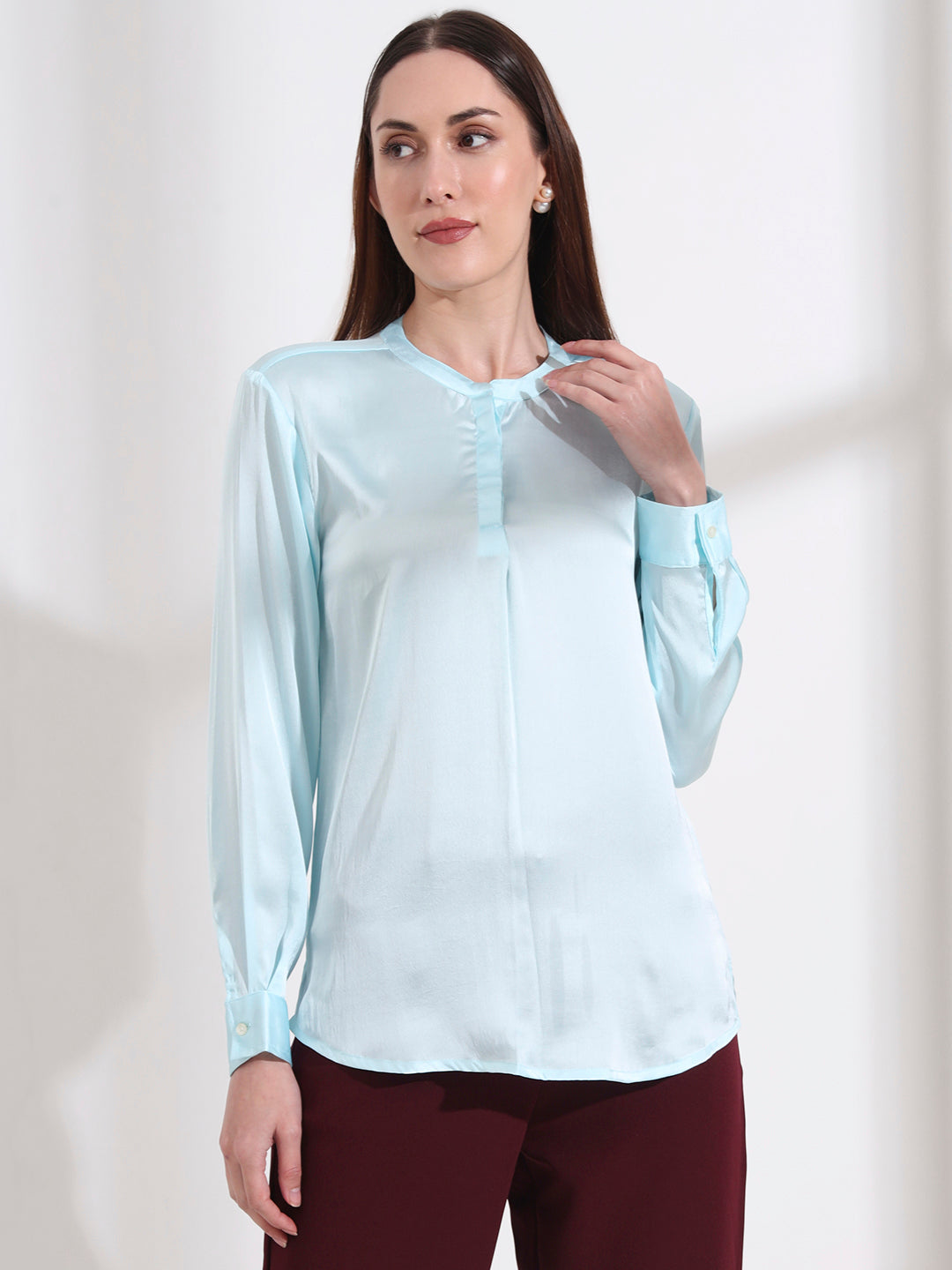 Summer Satin Light Cyan Front Pleated Tunic