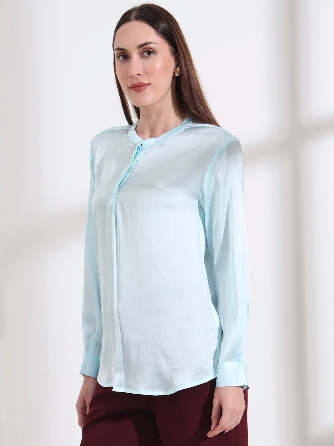 Summer Satin Light Cyan Front Pleated Tunic