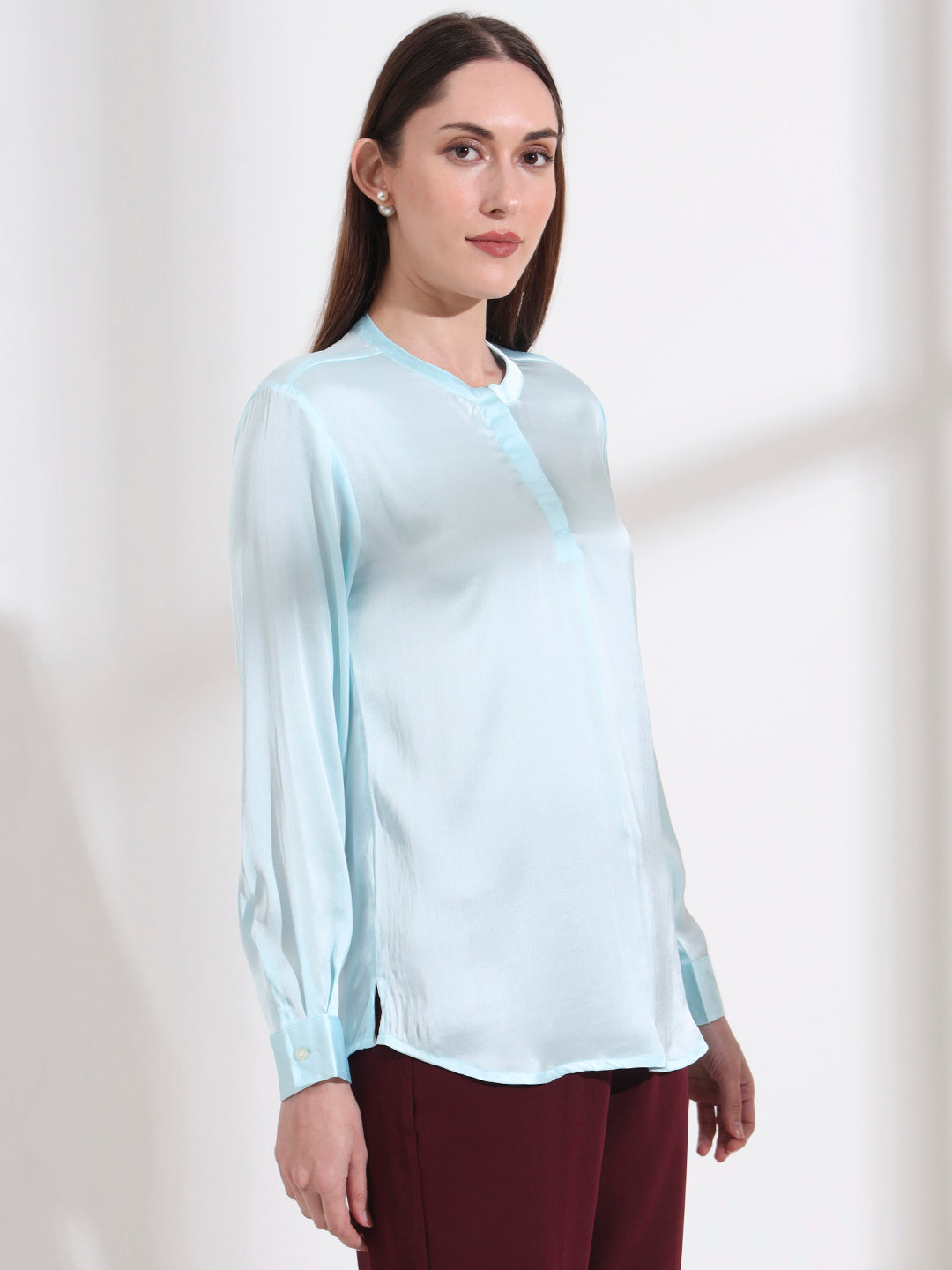 Summer Satin Light Cyan Front Pleated Tunic