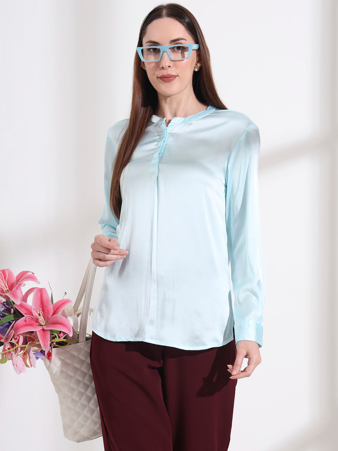Summer Satin Light Cyan Front Pleated Tunic