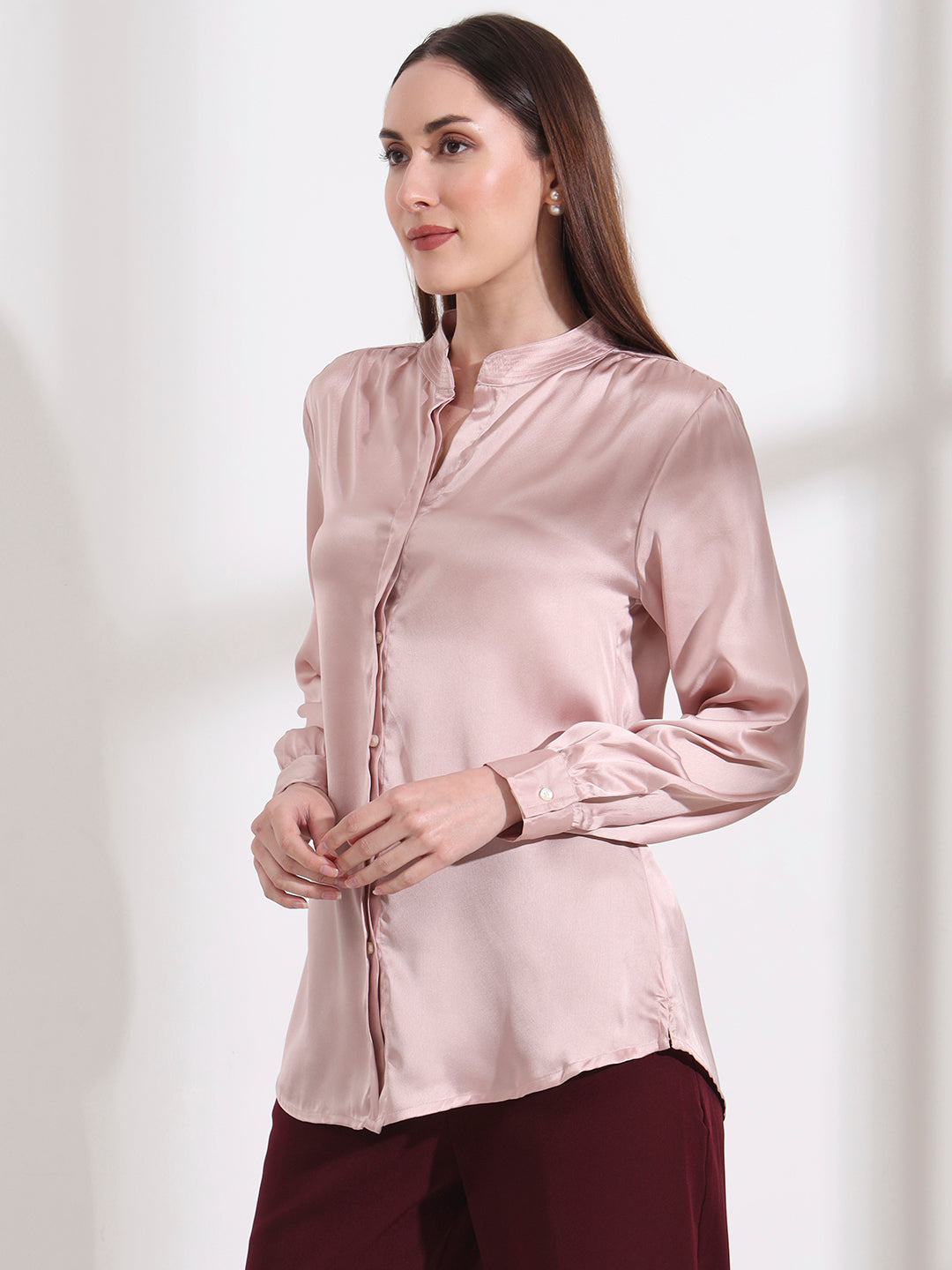 Summer Satin Orchid Pink Mandarin Collar Shirt