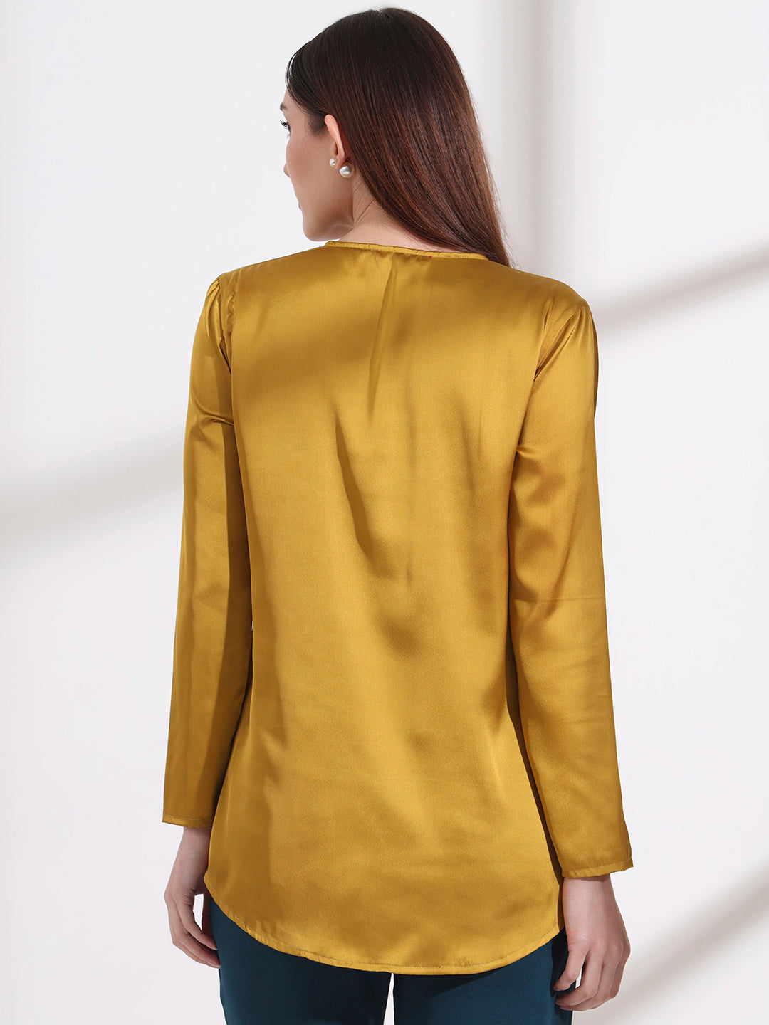 Womens Premium Summer Satin Mettalic Gold Mandarin Collar Button Tunic
