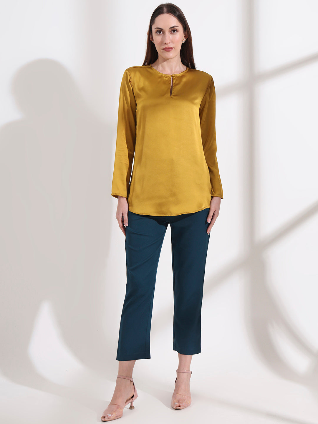 Womens Premium Summer Satin Mettalic Gold Mandarin Collar Button Tunic