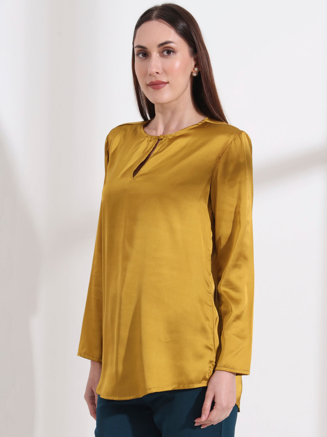 Womens Premium Summer Satin Mettalic Gold Mandarin Collar Button Tunic
