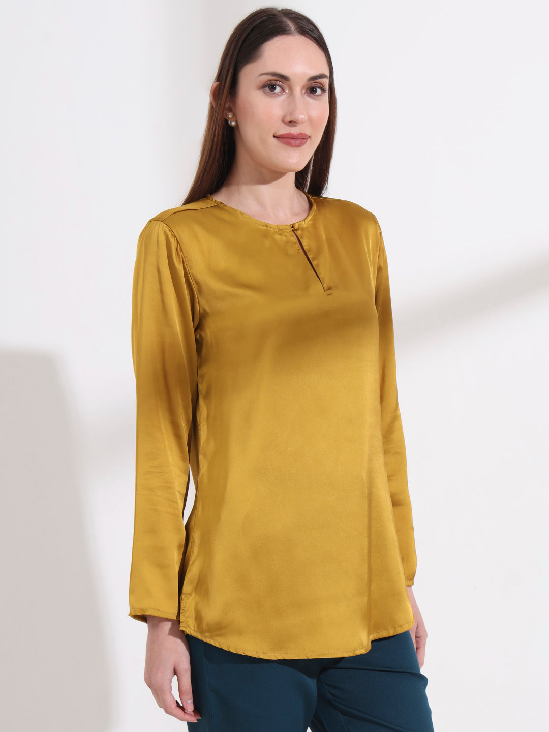 Womens Premium Summer Satin Mettalic Gold Mandarin Collar Button Tunic