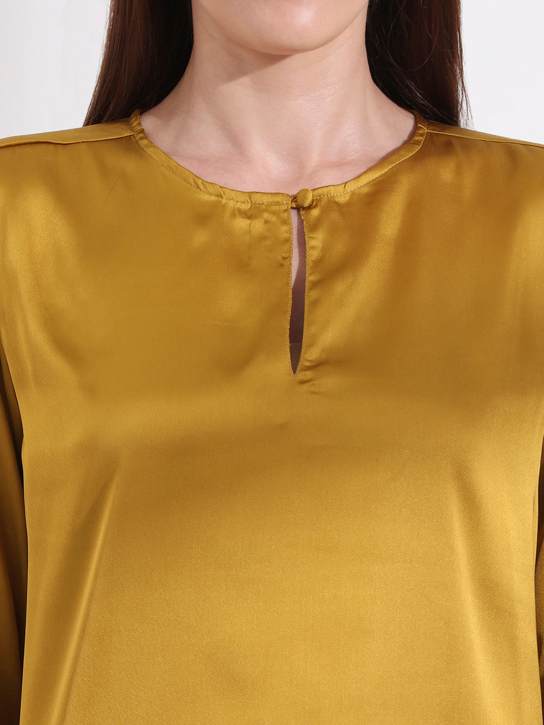 Womens Premium Summer Satin Mettalic Gold Mandarin Collar Button Tunic