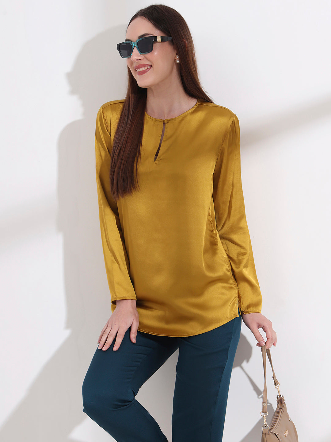 Womens Premium Summer Satin Mettalic Gold Mandarin Collar Button Tunic
