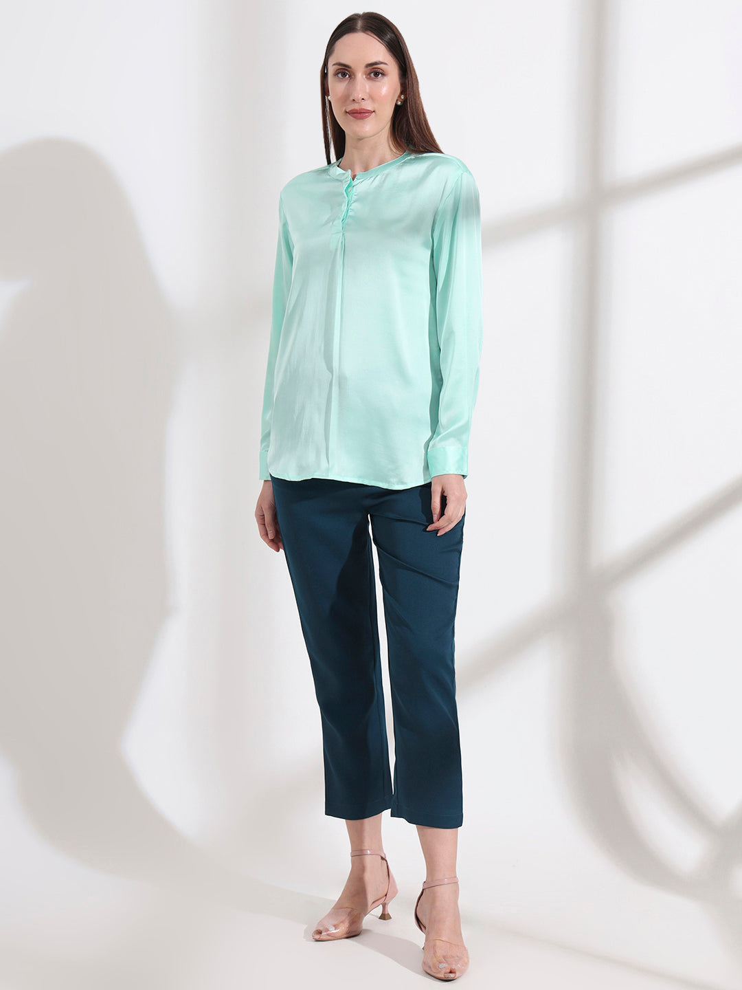 Summer Satin Mint Green Front Pleated Tunic