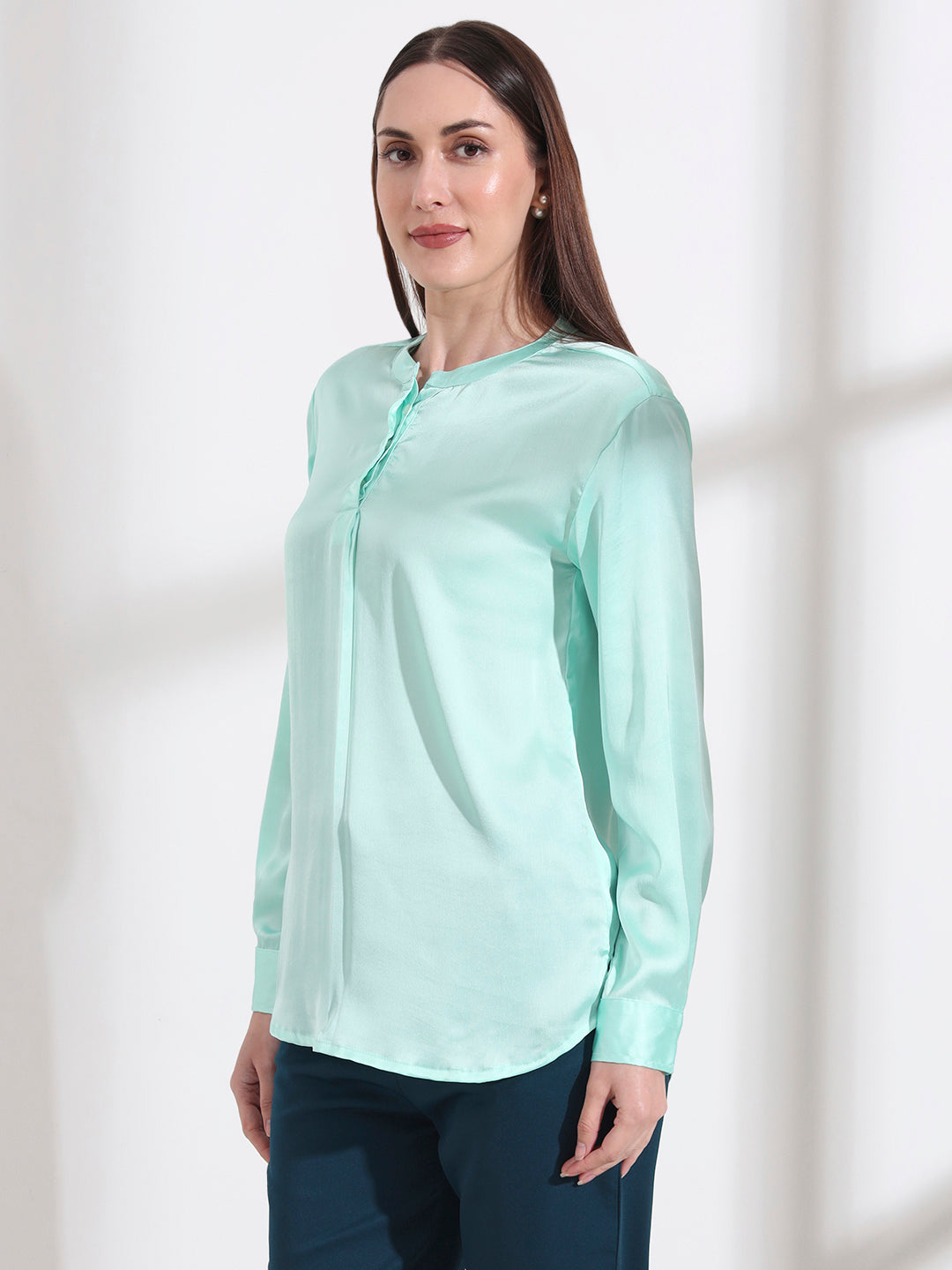 Summer Satin Mint Green Front Pleated Tunic