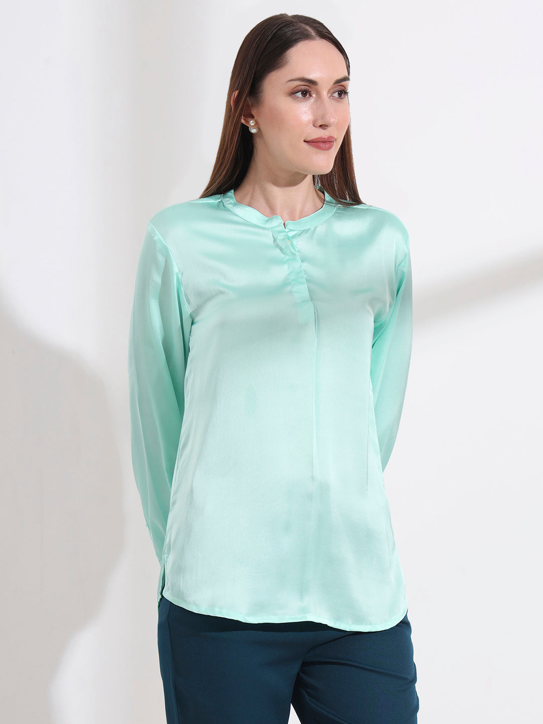 Summer Satin Mint Green Front Pleated Tunic