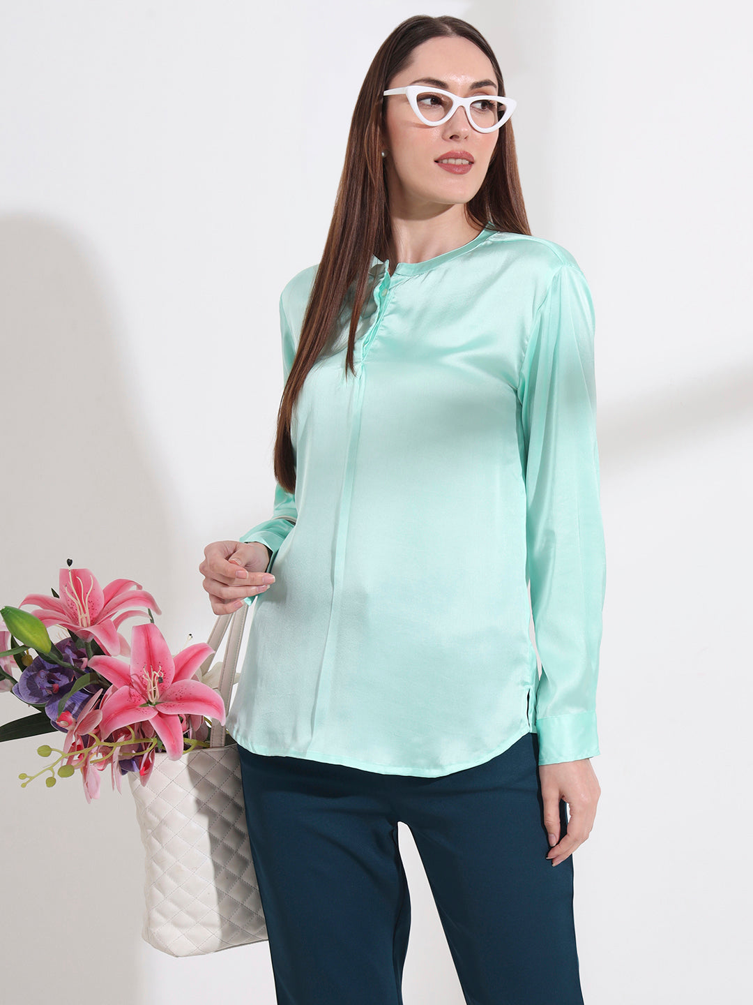 Summer Satin Mint Green Front Pleated Tunic