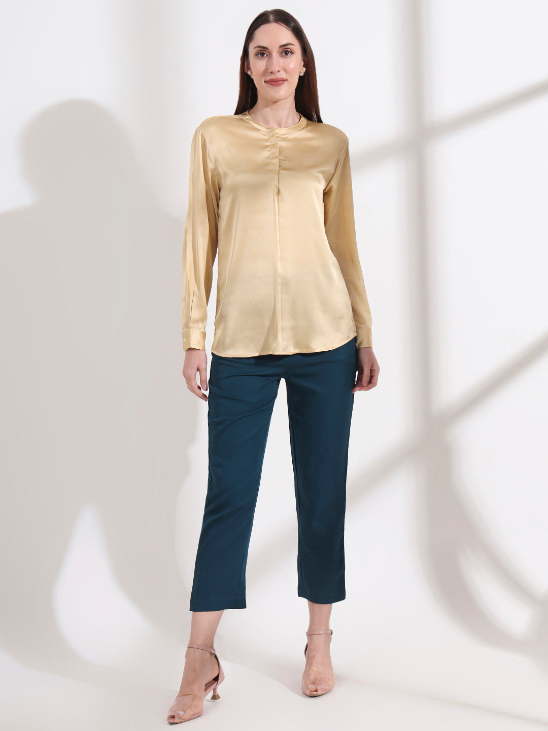 Summer Satin Gold Front Pleated Tunic