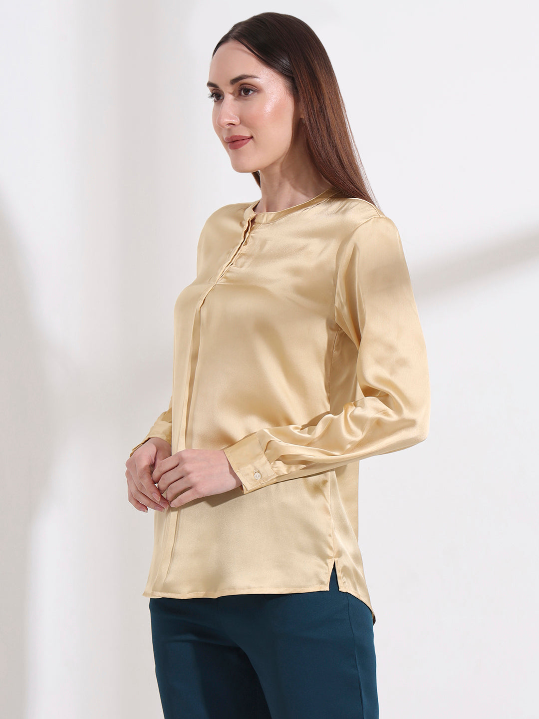 Summer Satin Gold Front Pleated Tunic