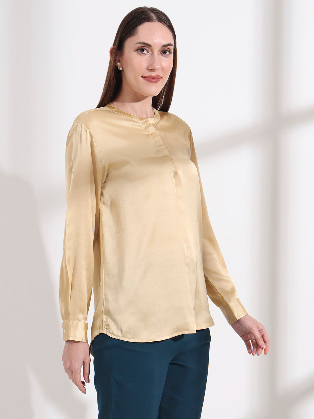 Summer Satin Gold Front Pleated Tunic