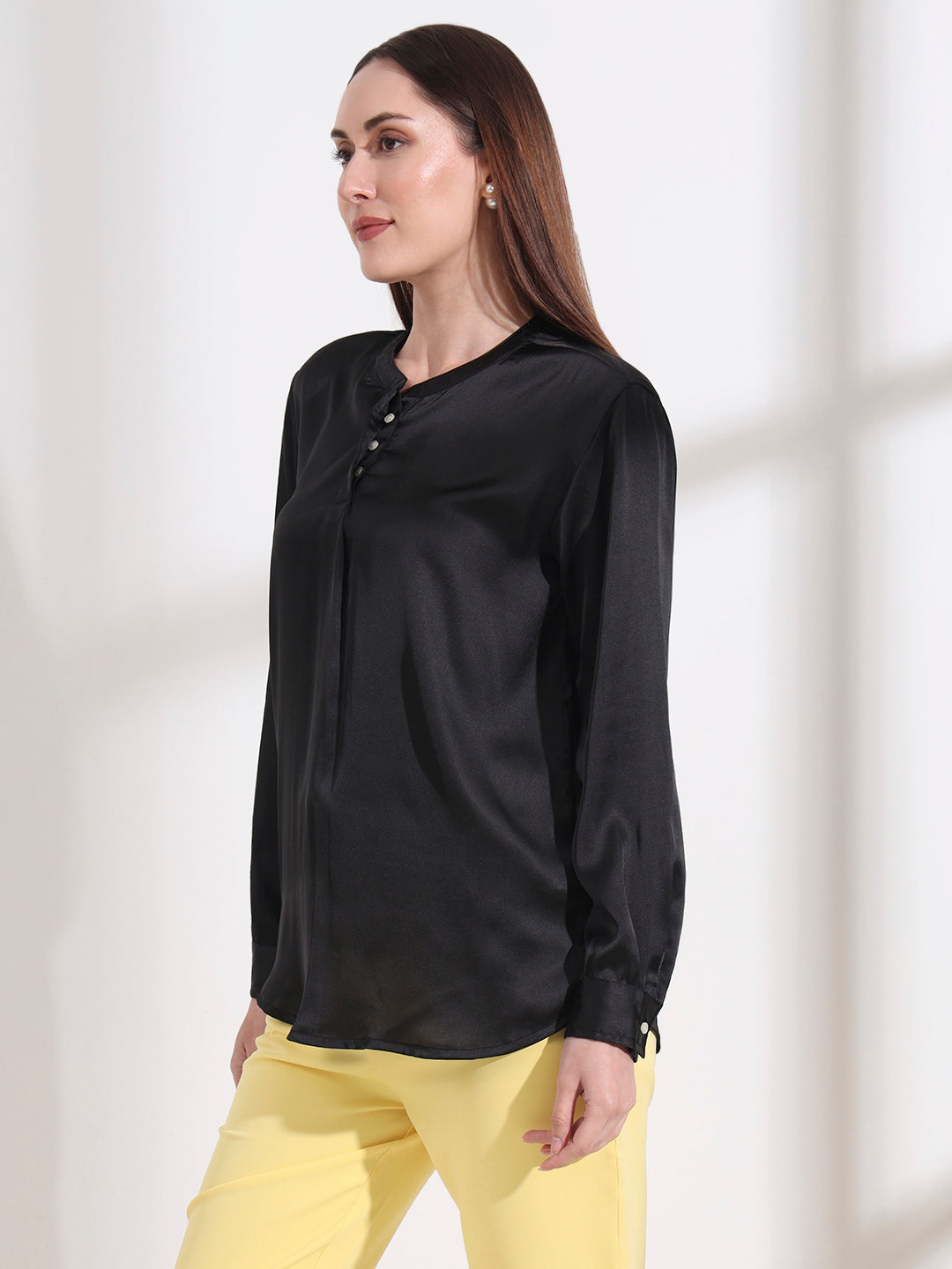 Summer Satin Black Front Pleated Tunic