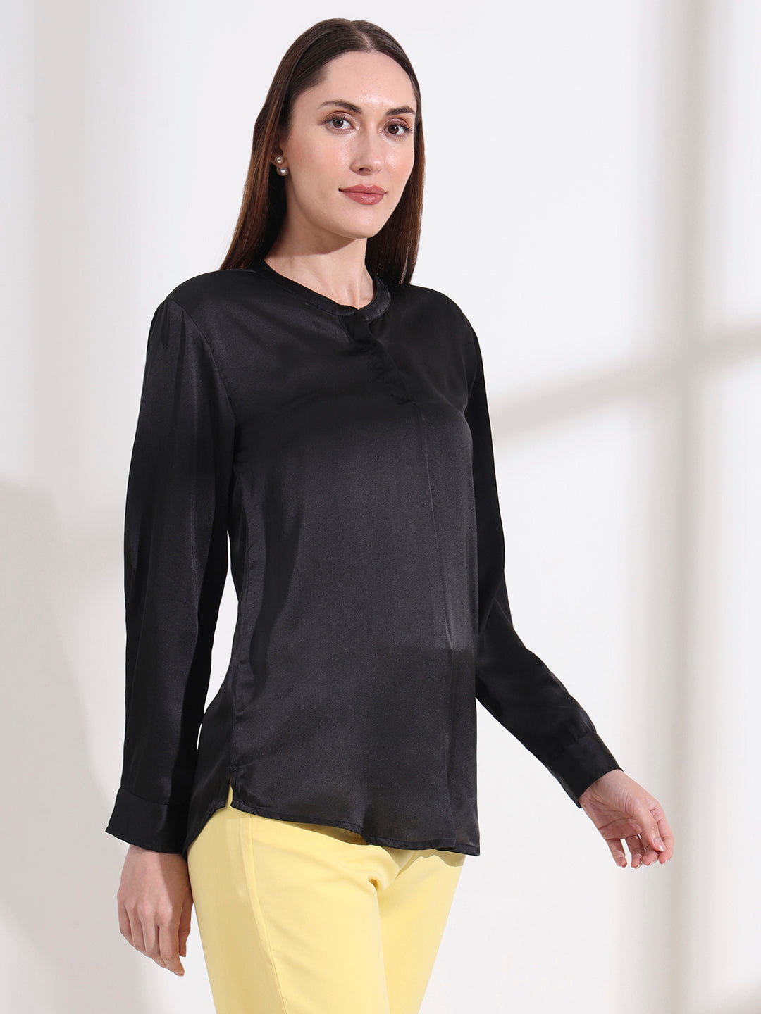 Summer Satin Black Front Pleated Tunic