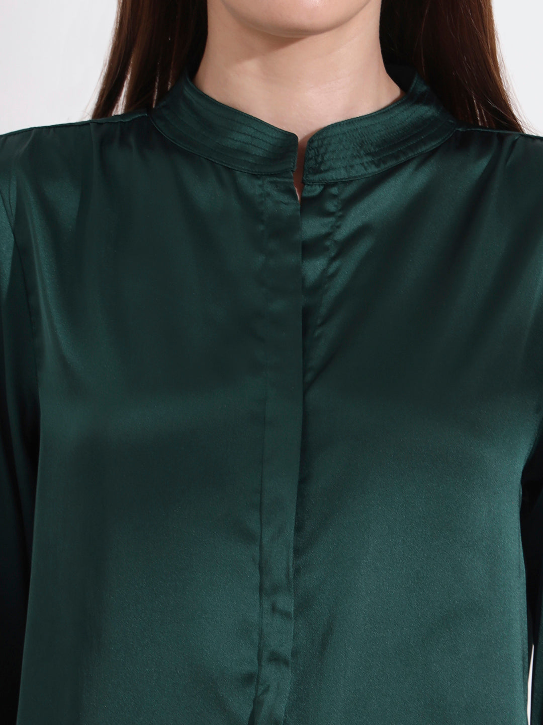 Summer Satin Emerald Green Mandarin Collar Shirt