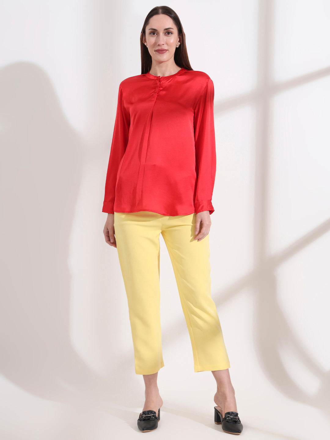 Summer Satin Red Front Pleated Tunic