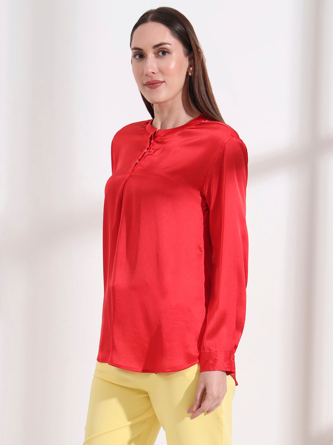 Summer Satin Red Front Pleated Tunic